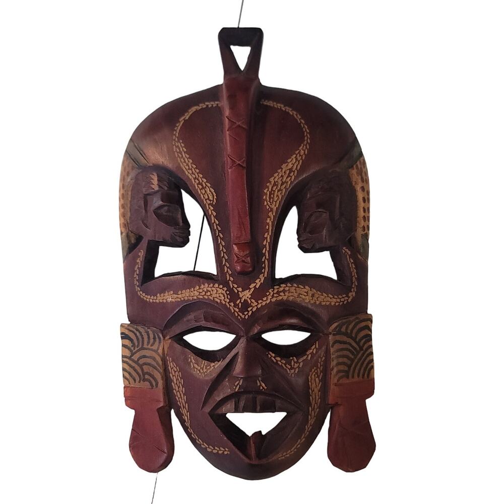 Wooden Hand Carved African Tribal Mask Folk Art Wall Hangar Decor WOOD PAINTED